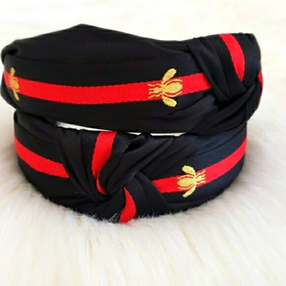 Gold Bee Knot Headband in Satin Black - Picture 2 of 4